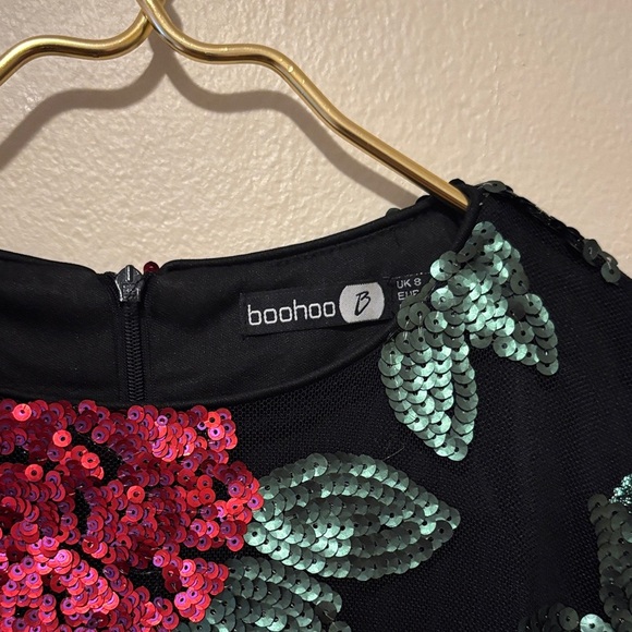 Boohoo Black Dress with Red and Green Floral Sequins - Picture 2 of 2